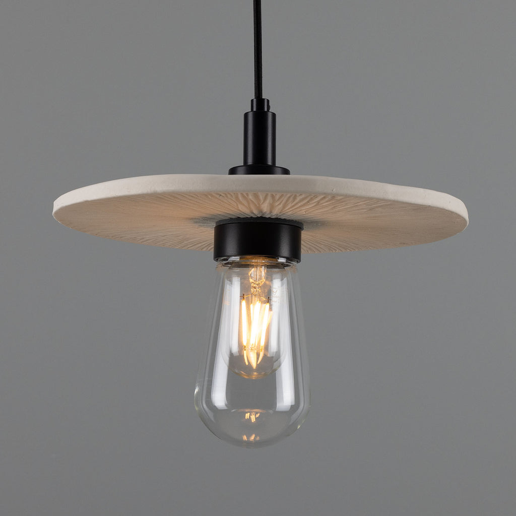 Bog Oak Organic Ceramic Disc Bathroom Pendant Light 28cm, Matte White Striped