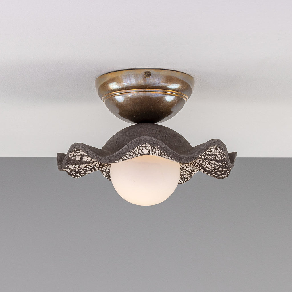 Rivale Ceiling Light with Wavy Ceramic Shade, Black Clay