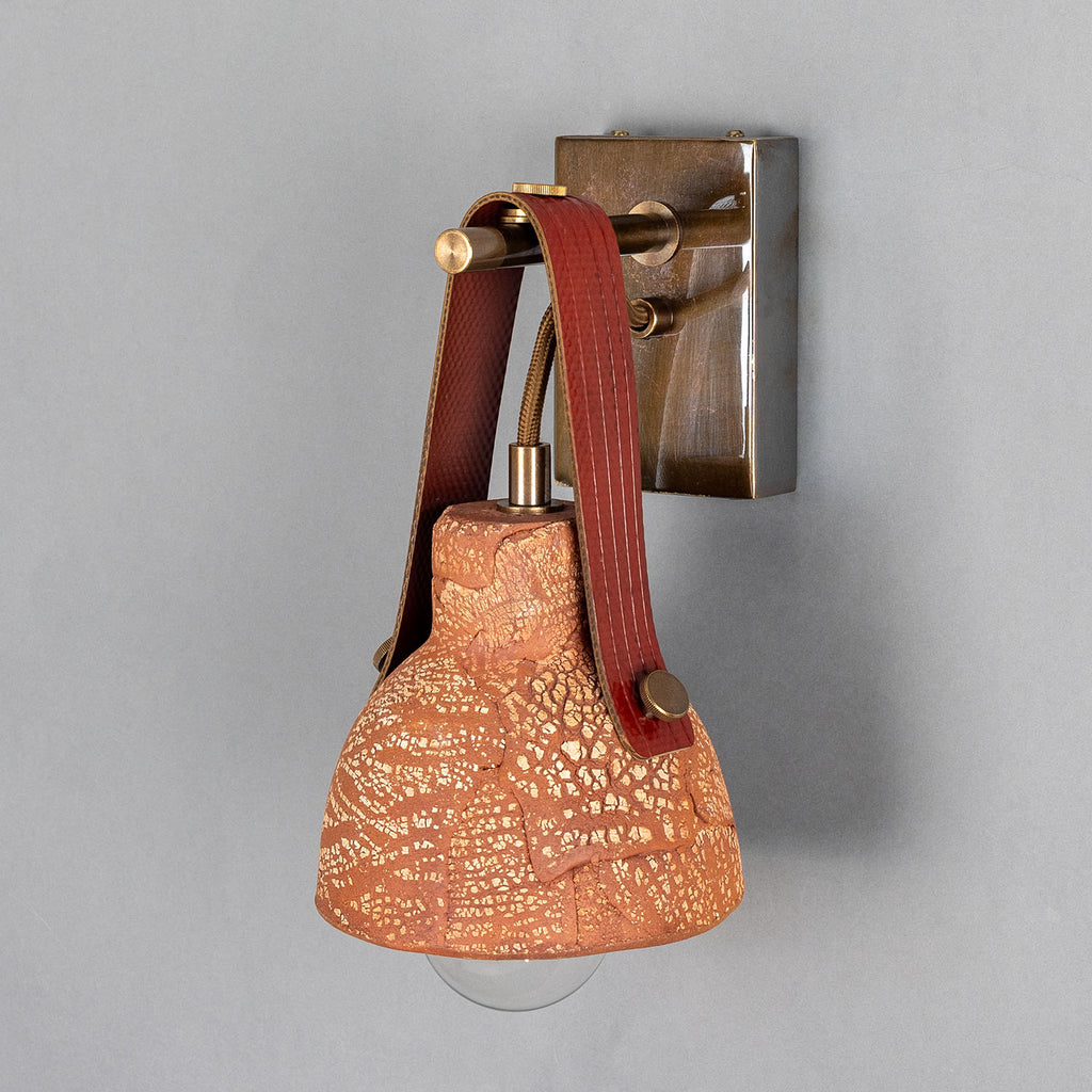 Nagi Organic Ceramic Wall Light with Rescued Fire-Hose Strap, Red Iron