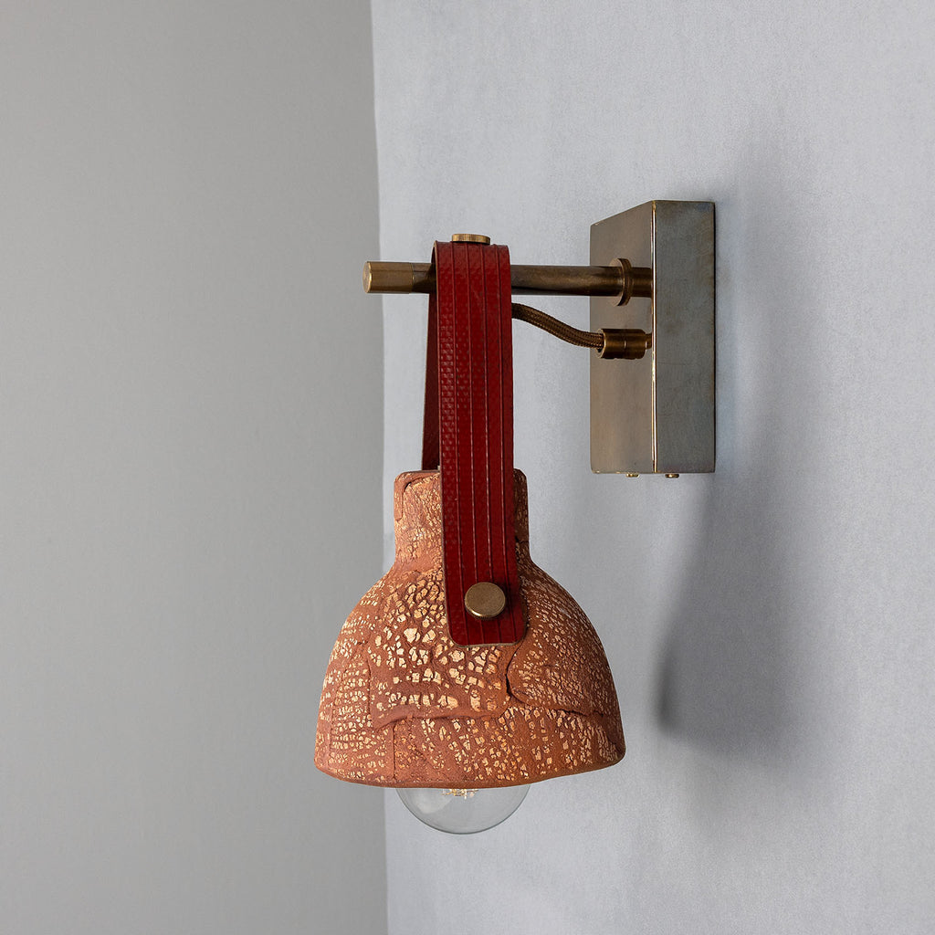Nagi Organic Ceramic Wall Light with Rescued Fire-Hose Strap, Red Iron