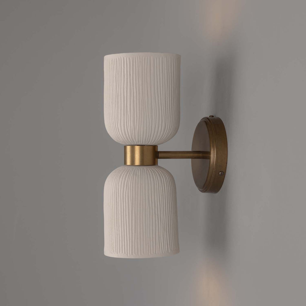 Sakura Double Ceramic and Brass Wall Light, Matte White Striped