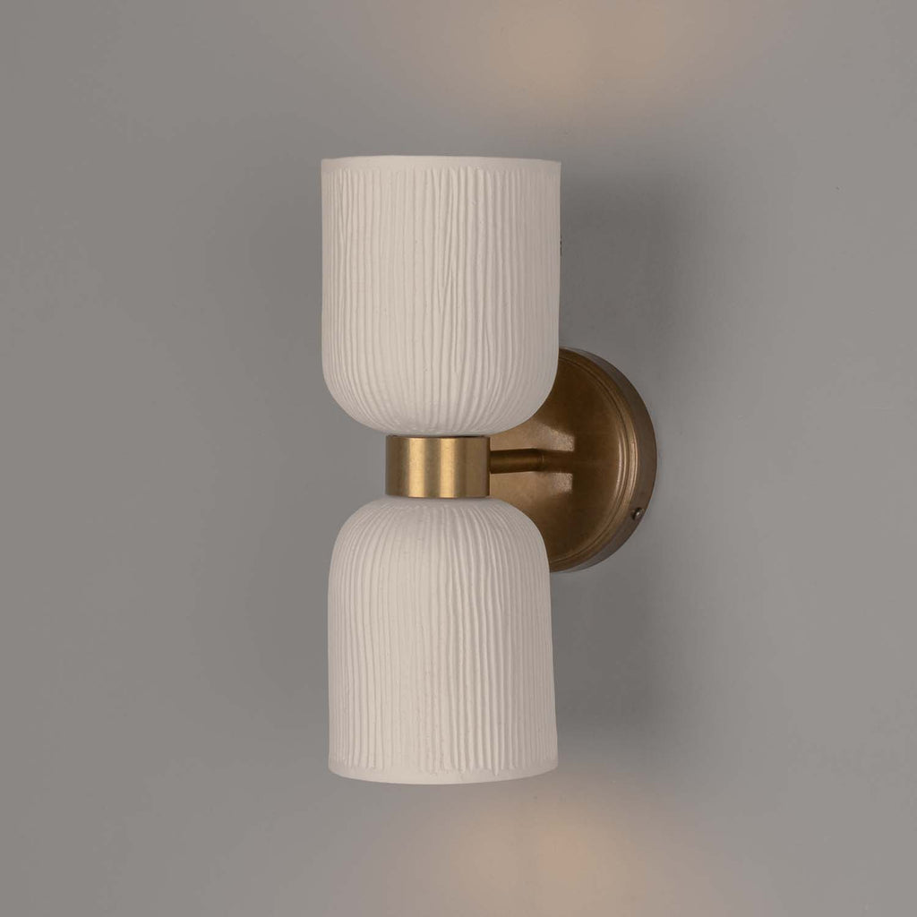 Sakura Double Ceramic and Brass Wall Light, Matte White Striped