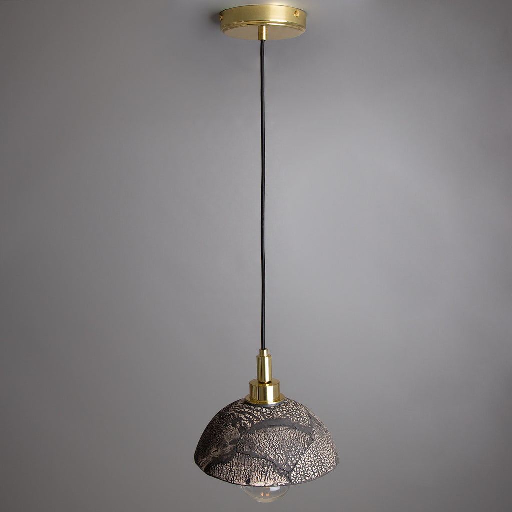 Kingii Ceramic Dome Bathroom Pendant Light 20cm, Black Clay IP44, Polished Brass