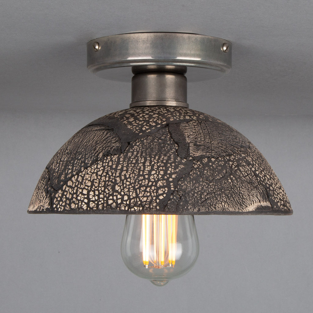 Kauri Organic Ceramic Dome Ceiling Light 20cm, Black Clay, Antique Silver