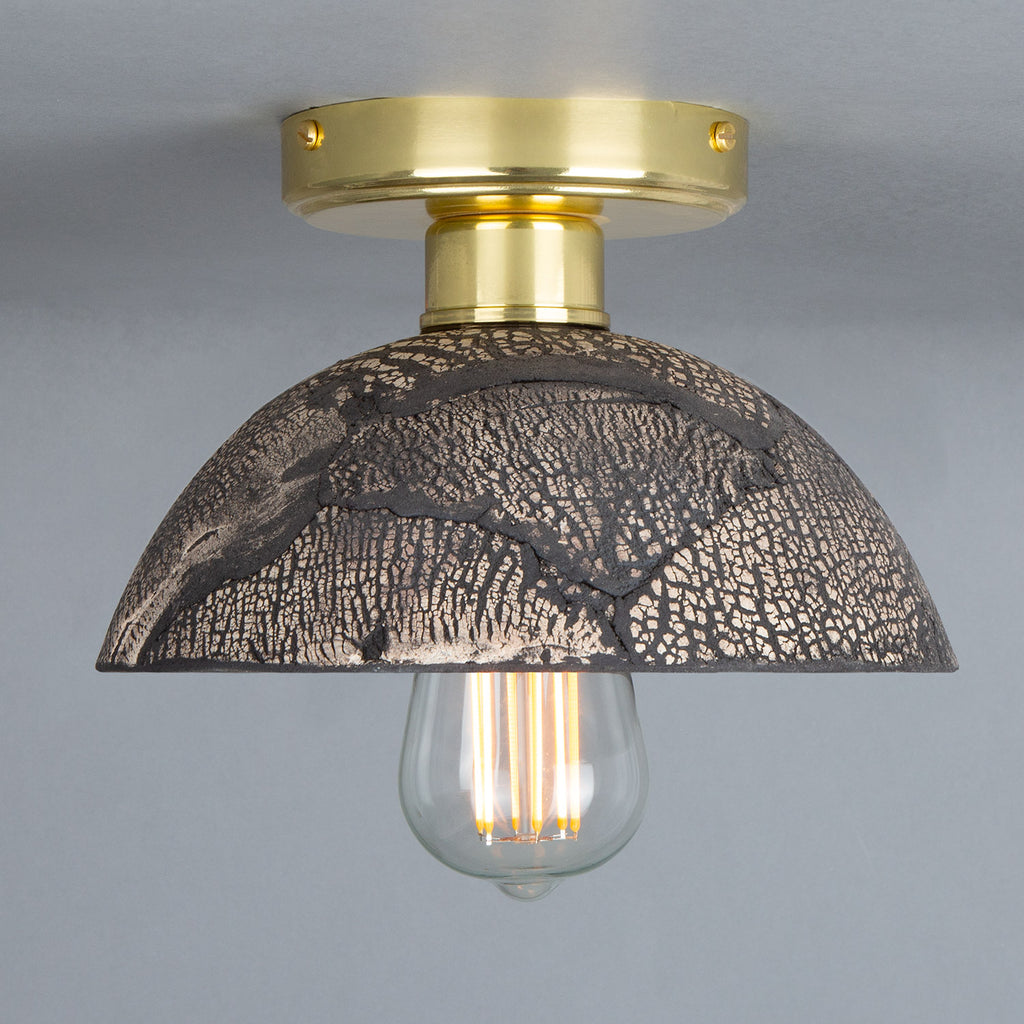 Kauri Organic Ceramic Dome Ceiling Light 20cm, Black Clay, Polished Brass