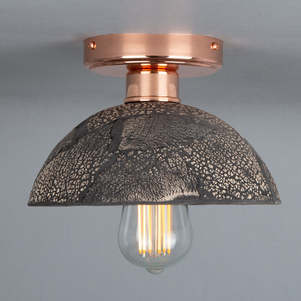 Kauri Organic Ceramic Dome Ceiling Light 20cm, Black Clay, Polished Copper