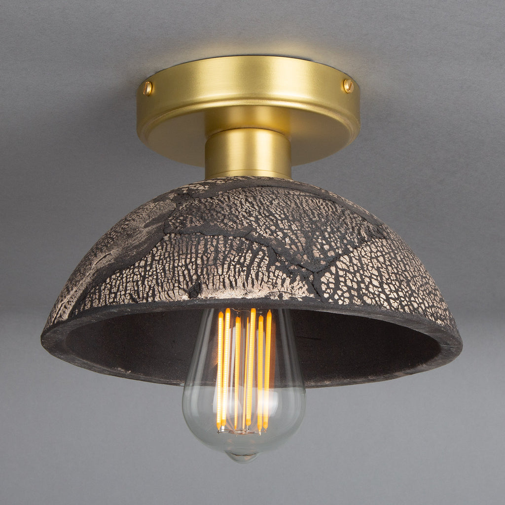 Kauri Organic Ceramic Dome Ceiling Light 20cm, Black Clay, Satin Brass