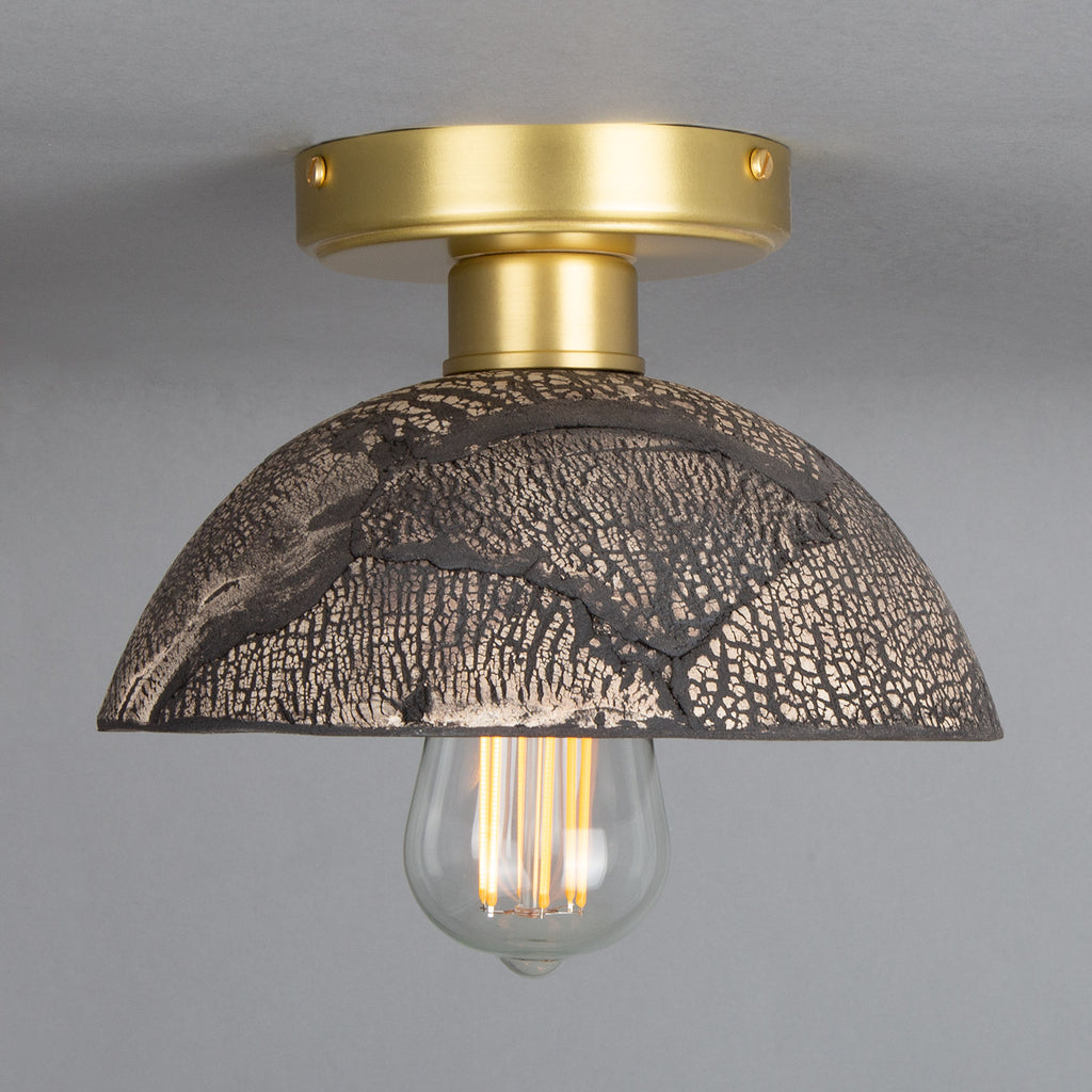 Kauri Organic Ceramic Dome Ceiling Light 20cm, Black Clay, Satin Brass