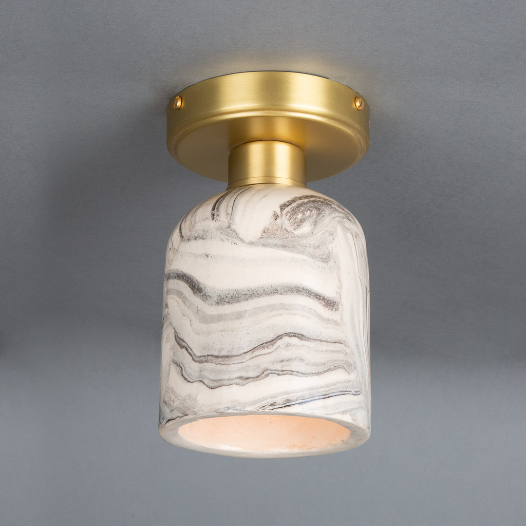 Osier Marbled Ceramic Flush Ceiling Light 11.5cm, Satin Brass
