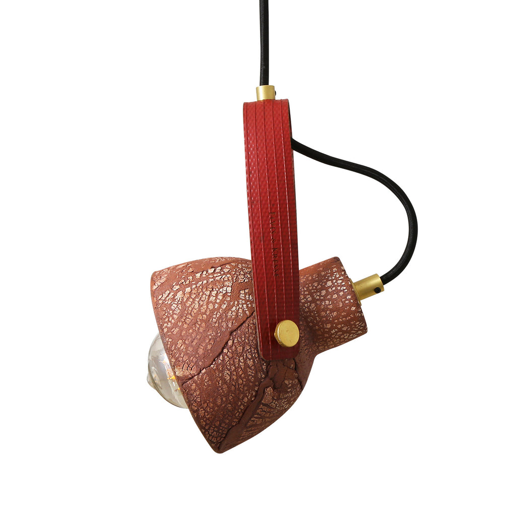 Pera Ceramic Pendant with Rescued Fire-Hose Strap, Red Iron
