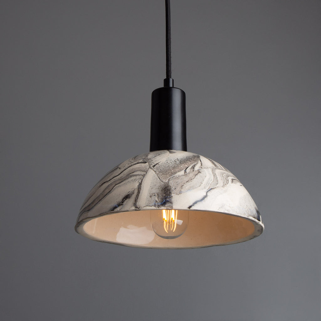Kauri Marbled Ceramic Dome Pendant Light 20cm, Powder-Coated Matte Black 