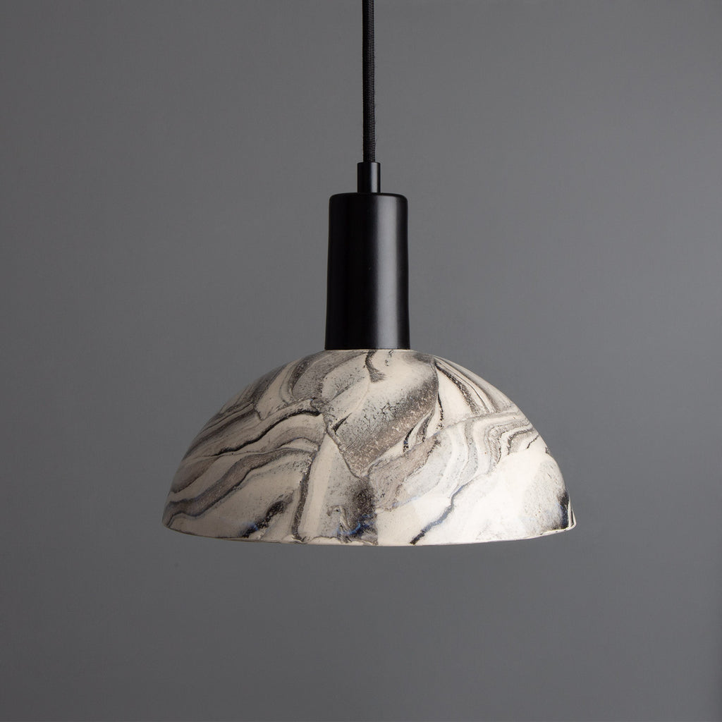 Kauri Marbled Ceramic Dome Pendant Light 20cm, Powder-Coated Matte Black 