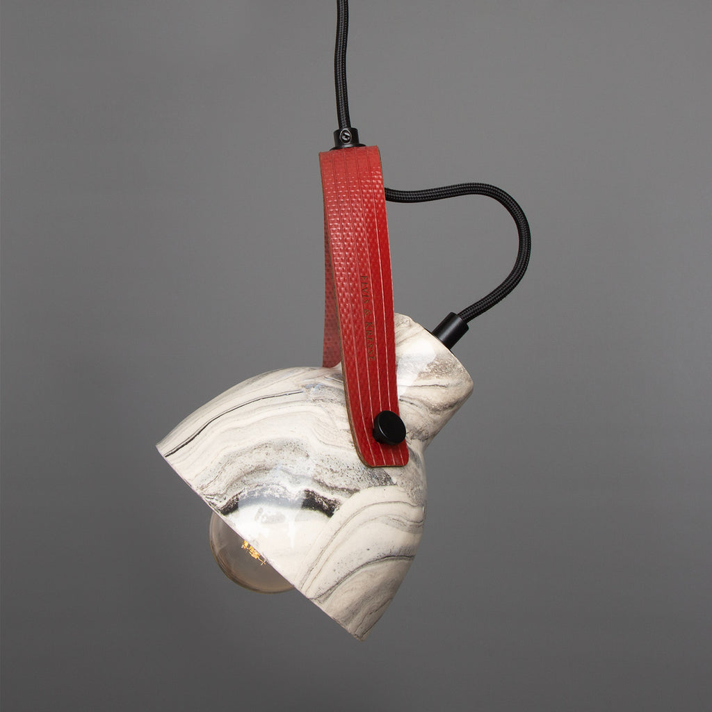 Pera Marbled Ceramic Pendant with Red Rescued Fire-Hose Strap, Powder-Coated Matte Black