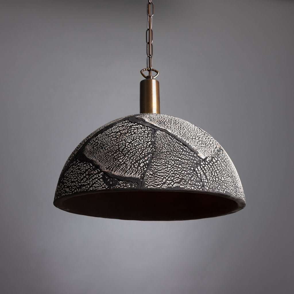 Kauri Organic Ceramic Dome Pendant Light 37cm, Black Clay, Antique Brass