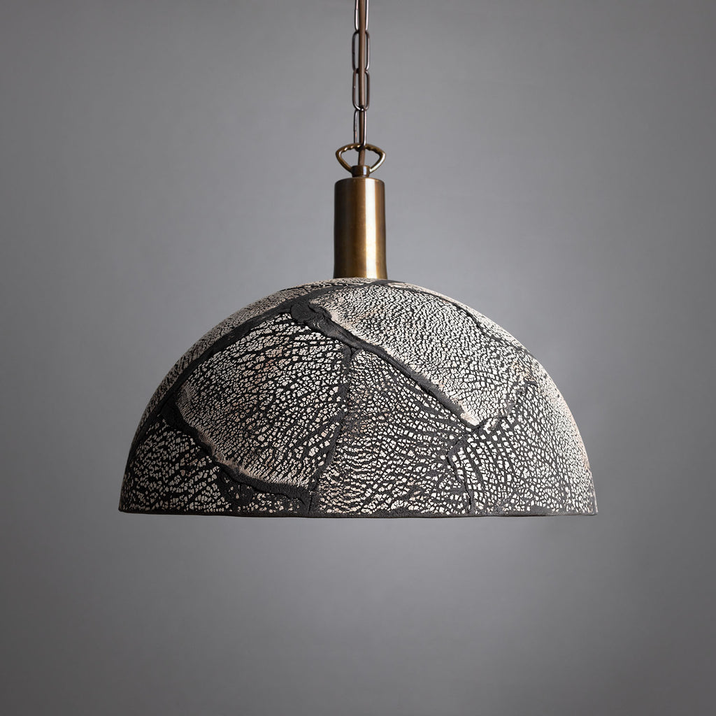 Kauri Organic Ceramic Dome Pendant Light 37cm, Black Clay, Antique Brass