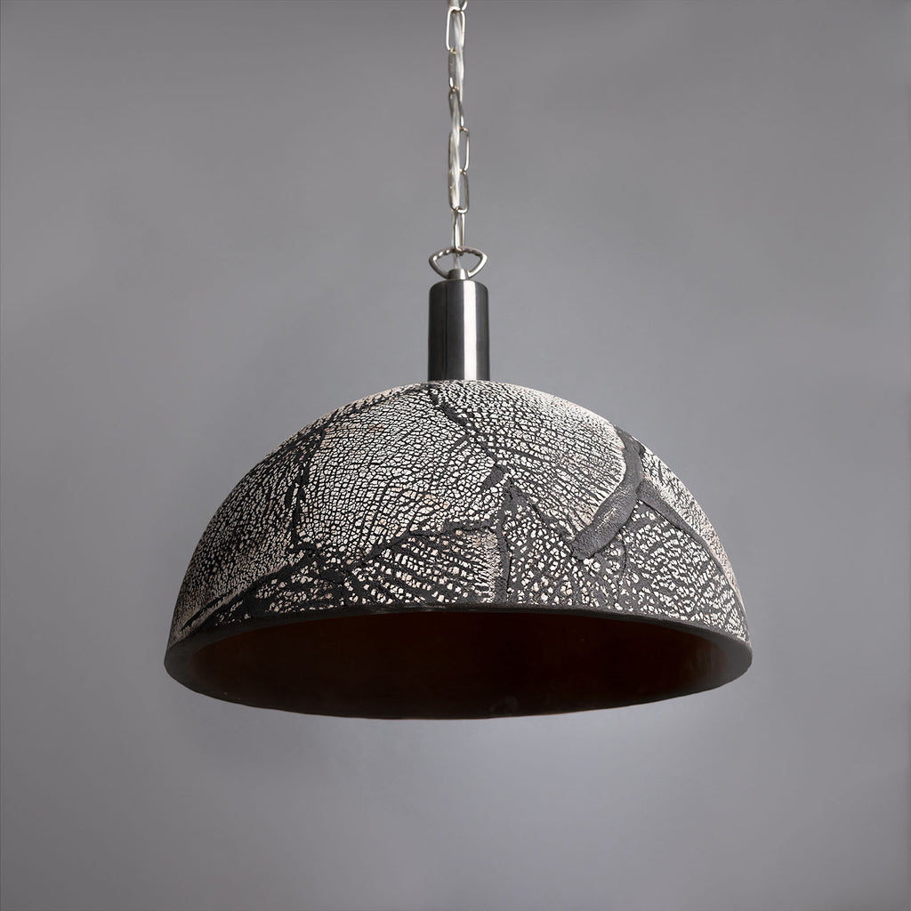 Kauri Organic Ceramic Dome Pendant Light 37cm, Black Clay, Antique Silver