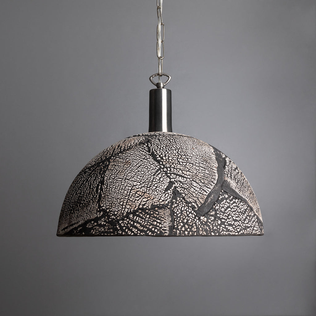 Kauri Organic Ceramic Dome Pendant Light 37cm, Black Clay, Antique Silver