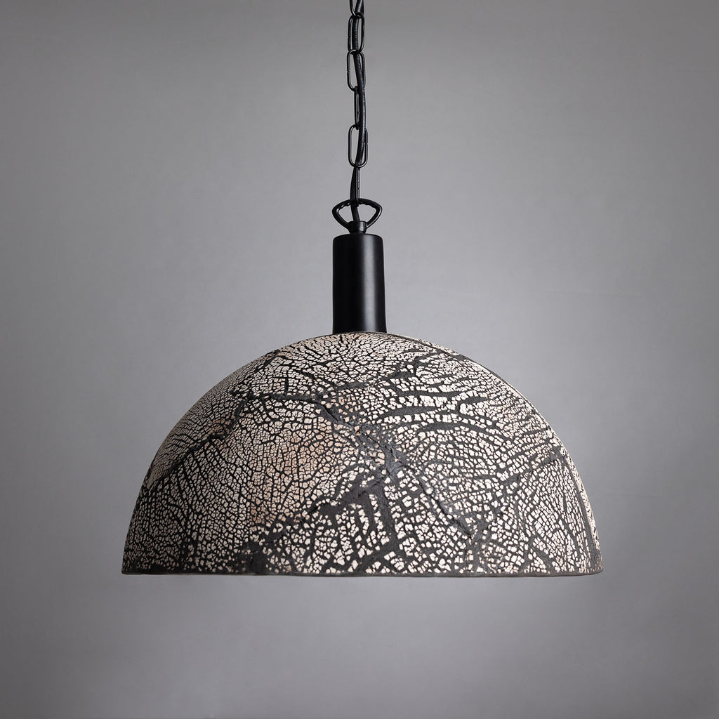 Kauri Organic Ceramic Dome Pendant Light 37cm, Black Clay, Powder-Coated Matte Black