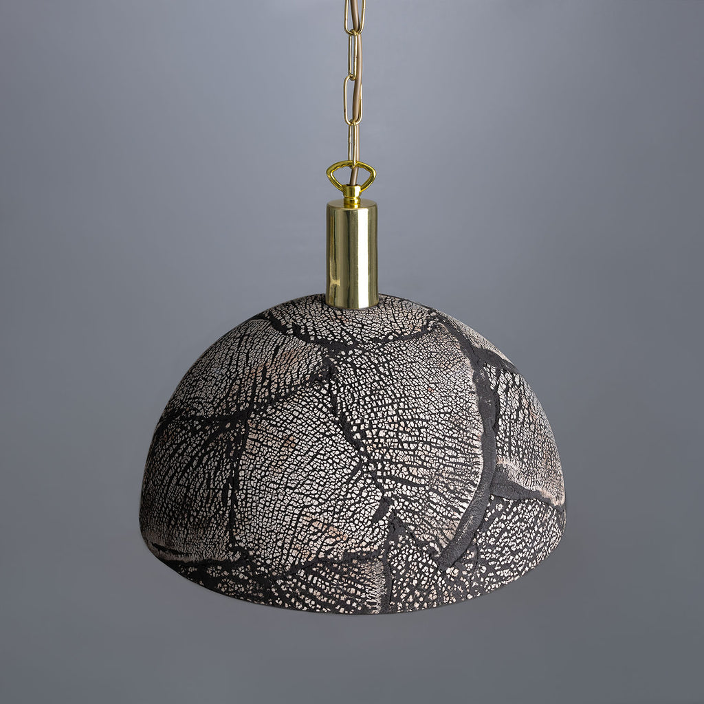 Kauri Organic Ceramic Dome Pendant Light 37cm, Black Clay, Polished Brass