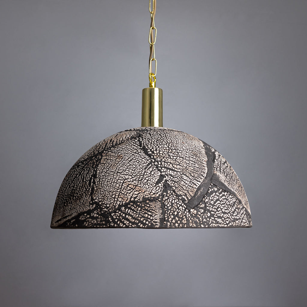 Kauri Organic Ceramic Dome Pendant Light 37cm, Black Clay, Polished Brass