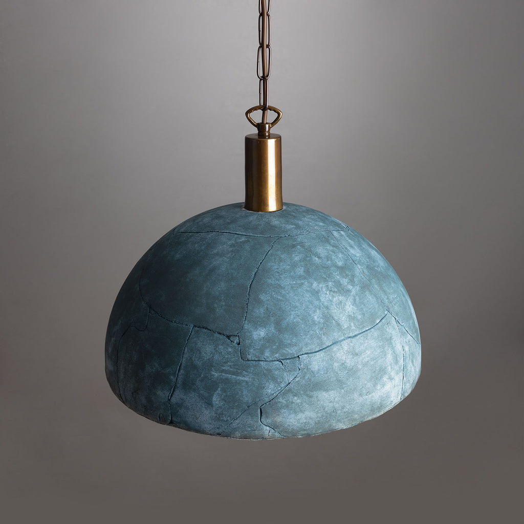 Kauri Organic Ceramic Dome Pendant Light 37cm, Blue Earth, Antique Brass
