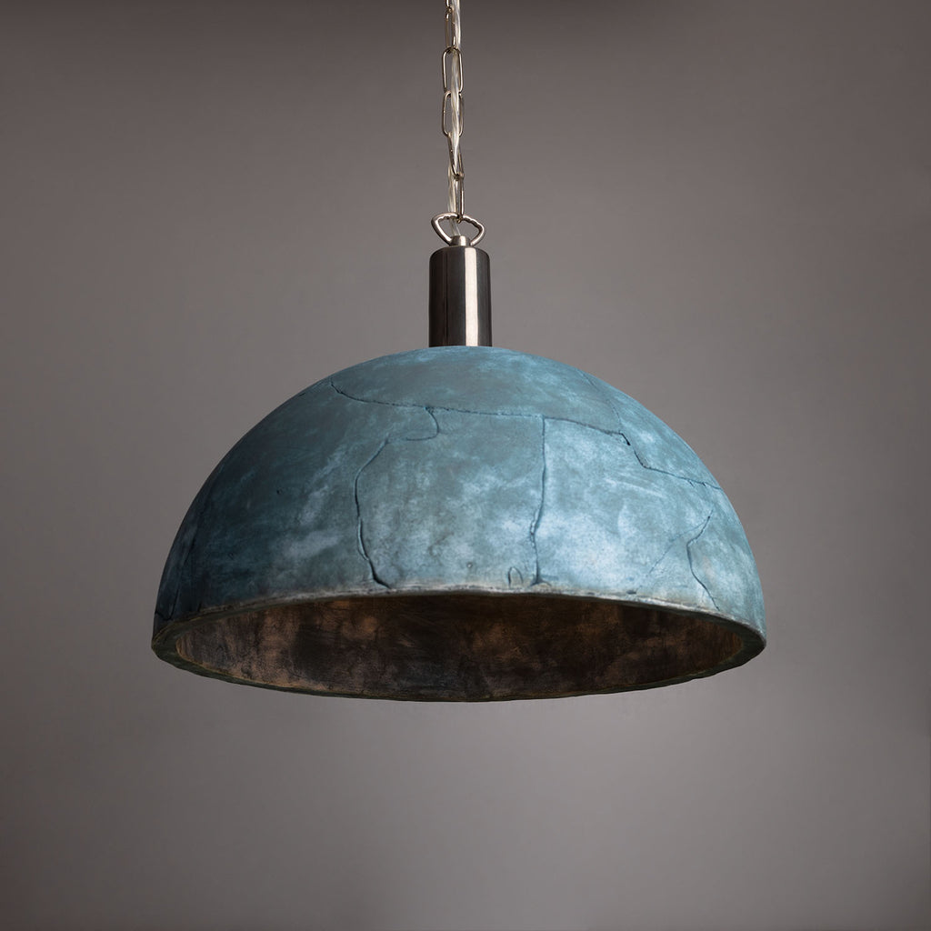 Kauri Organic Ceramic Dome Pendant Light 37cm, Blue Earth, Antique Silver