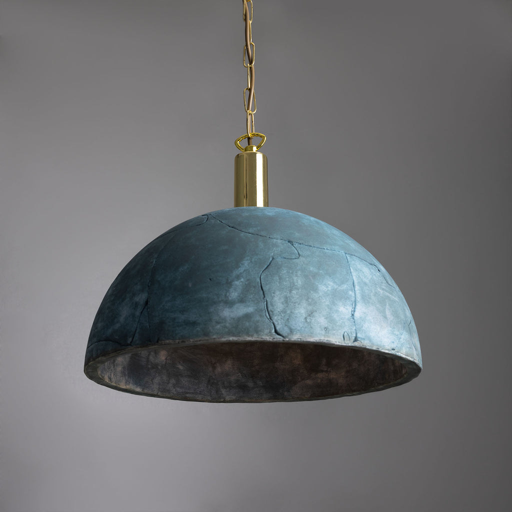 Kauri Organic Ceramic Dome Pendant Light 37cm, Blue Earth, Polished Brass