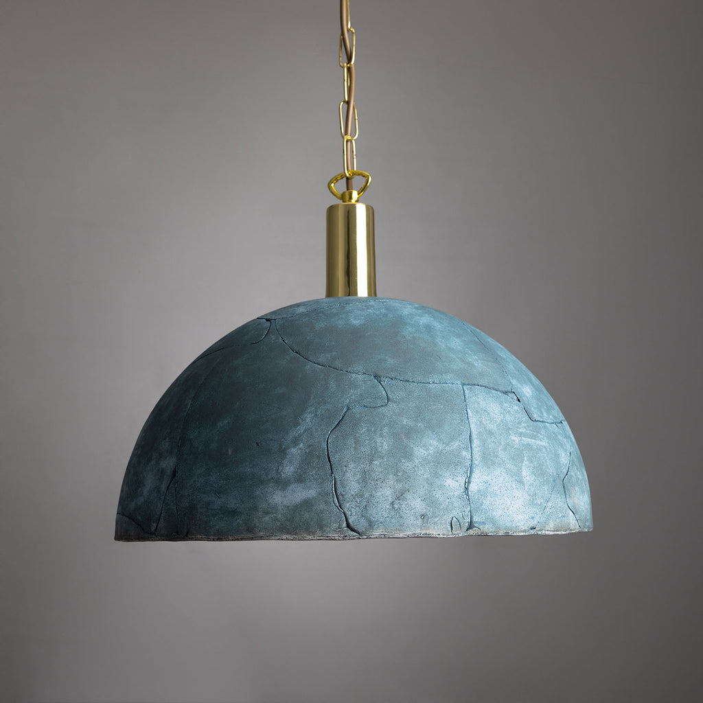 Kauri Organic Ceramic Dome Pendant Light 37cm, Blue Earth, Polished Brass