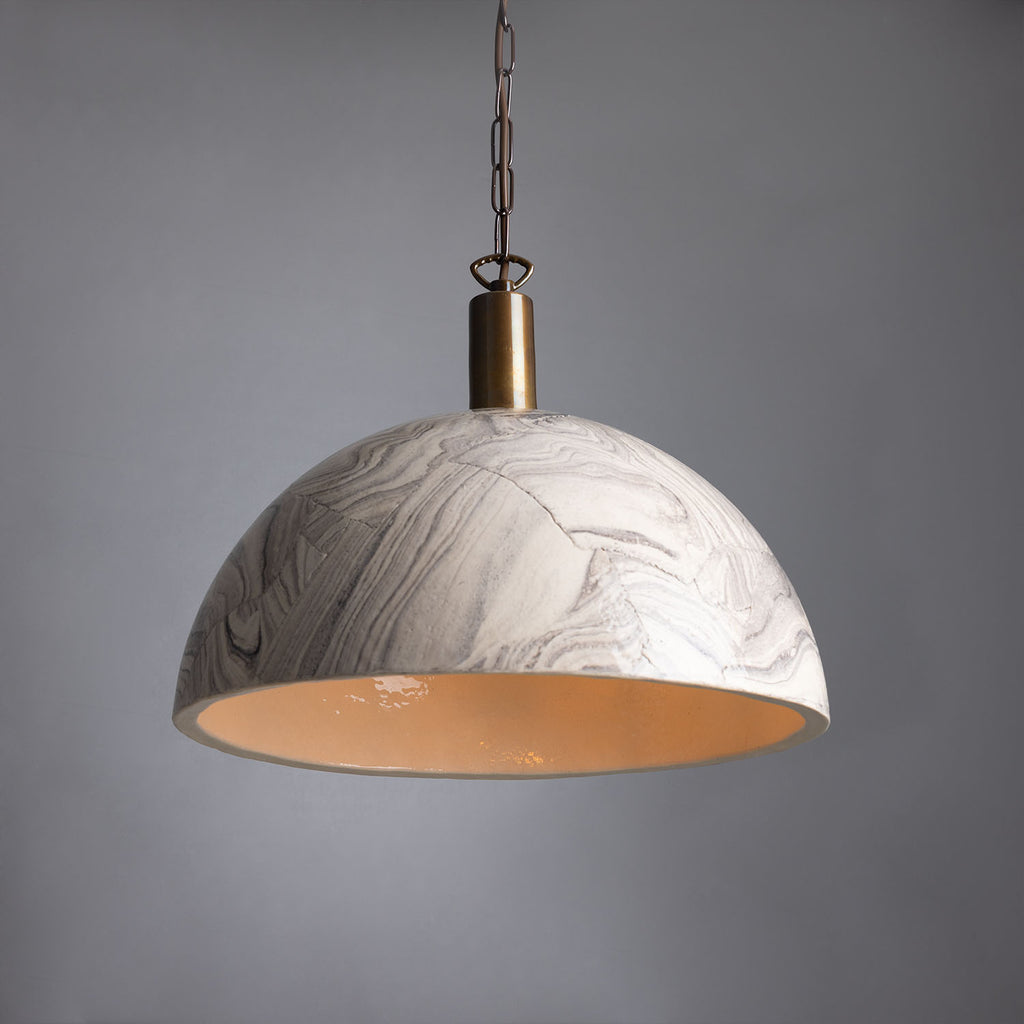 Kauri Marbled Ceramic Dome Pendant Light 37cm, Antique Brass