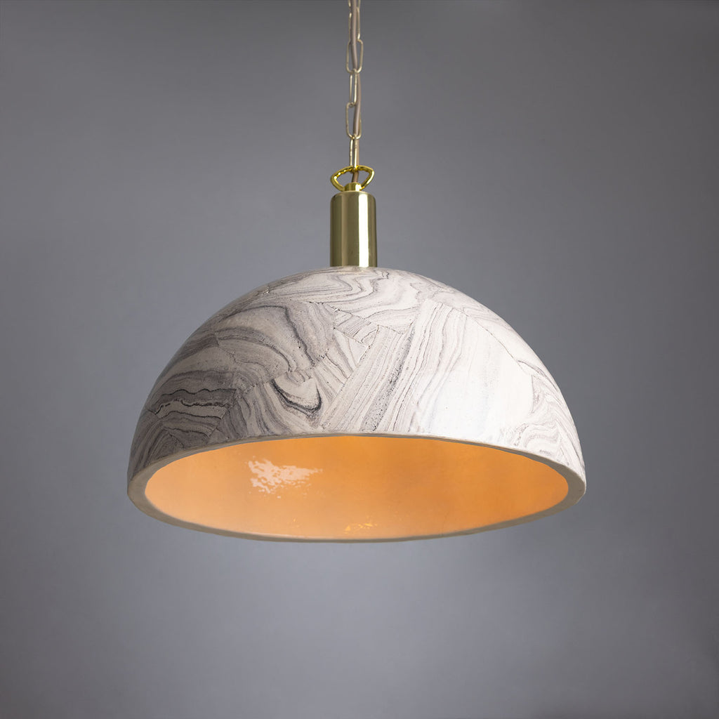 Kauri Marbled Ceramic Dome Pendant Light 37cm, Polished Brass