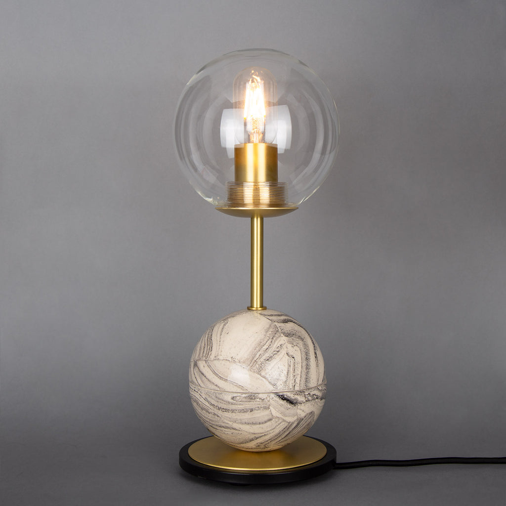 Zapp Marbled Ceramic Clear Glass Ball Table Lamp, Satin Brass
