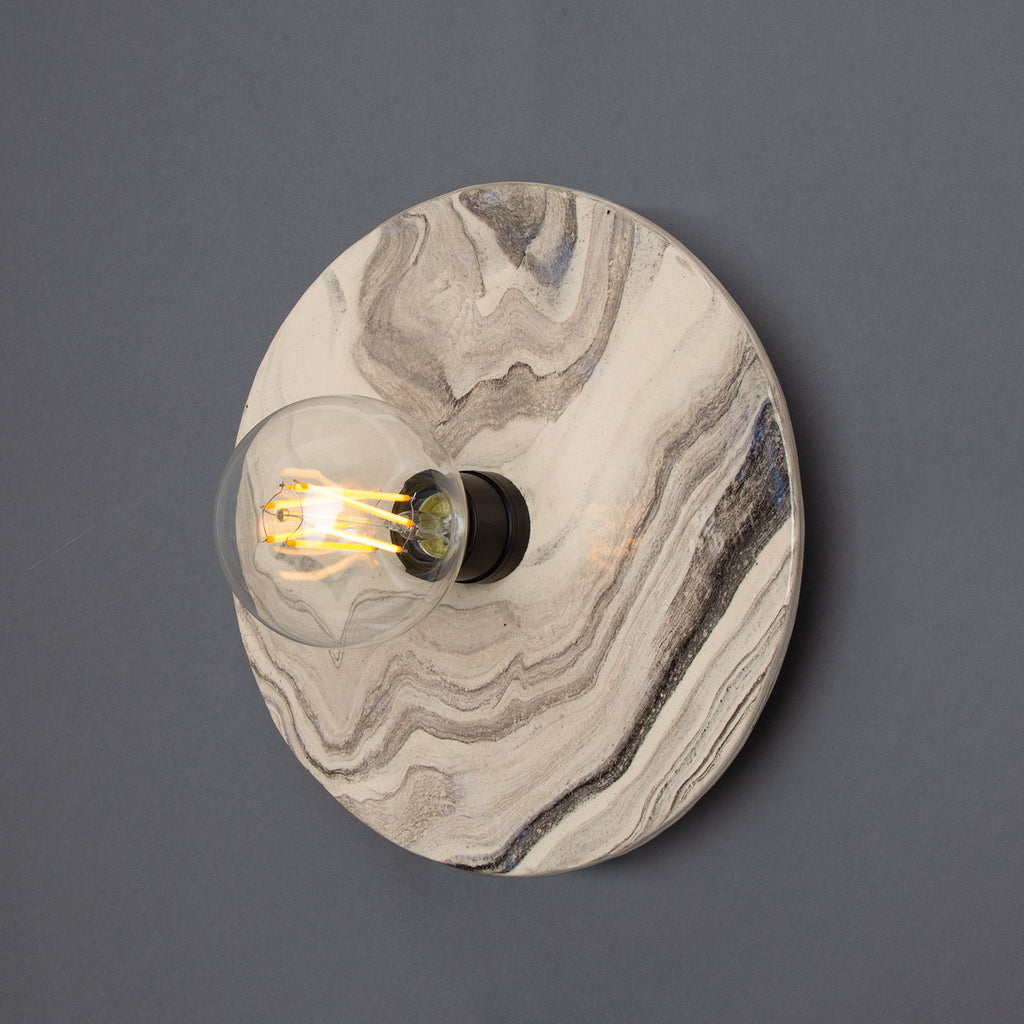 Bog Oak Marbled Ceramic Disc Wall Light, Powder-Coated Matte Black